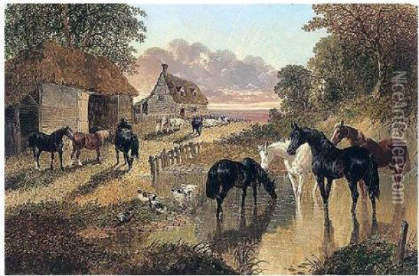 The Evening Hour- Horses And Cattle By A Stream At Sunset Oil Painting - John Frederick Herring Snr