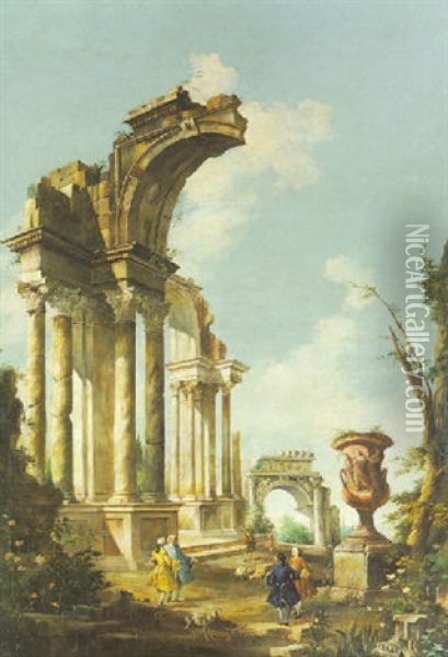 Architektonisches Capriccio Mit Ruinen Und Figuren Oil Painting - Giovanni Paolo Panini