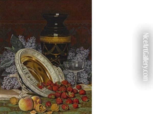 Still Life With Strawberries And Lilacs Oil Painting - William Mason Brown