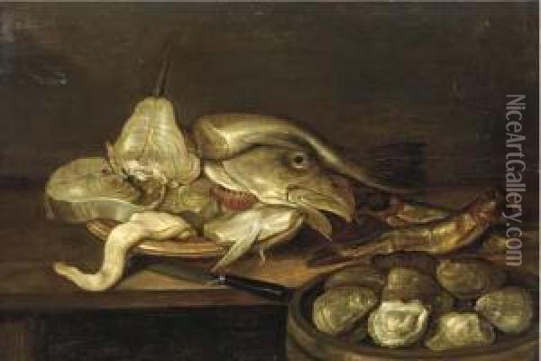 A Bowl Of Clams With A Plate Of Fish And Oysters On A Table Oil Painting - Alexander Adriaenssen