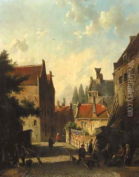 A view in a city with townsfolk conversing in the street Oil Painting - Dutch School