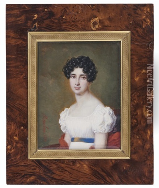 Portrait De Femme A La Ceinture Bleue Oil Painting - Pierre Joseph Alexandre Mourlan