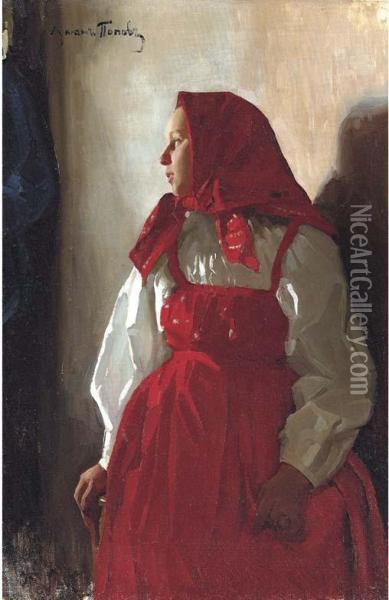 Young Girl In A Red Sarafan Oil Painting - Lukijan Popoff