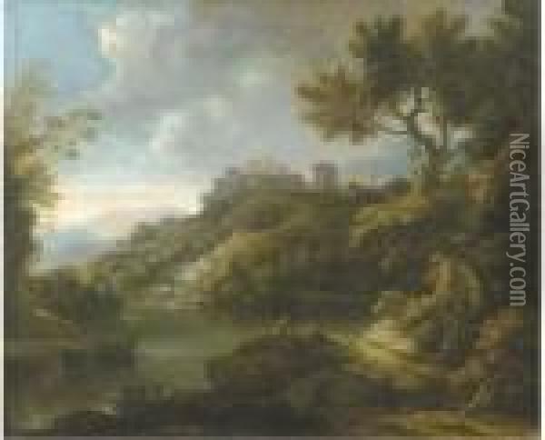 An Arcadian Landscape With Figures Resting By A Lake, A Town On A Hilltop Beyond Oil Painting - Paolo Anesi
