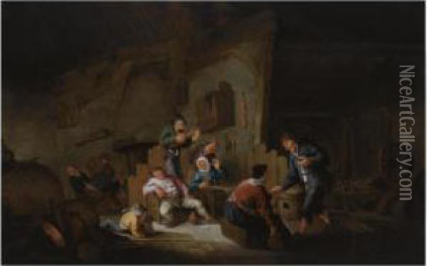 A Barn Interior With Peasants Making Music, Drinking And Dancing Oil Painting - Anthonie Victorijns