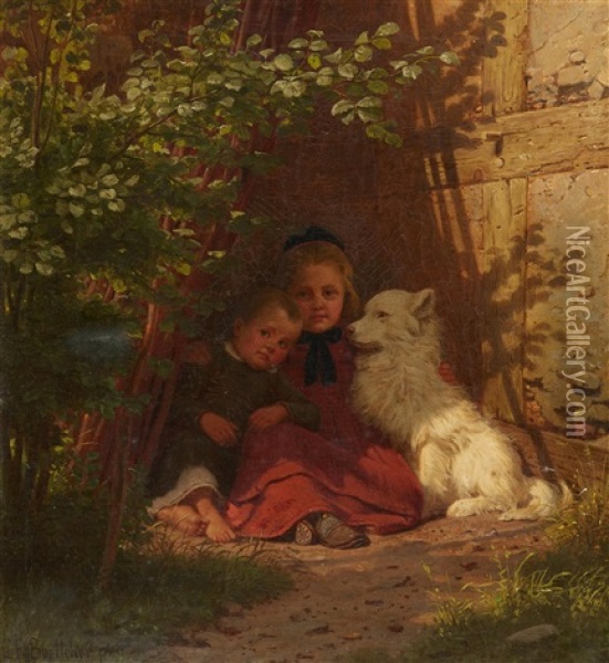 Two Children And A Dog Sitting In The Shade Oil Painting - Christian Eduard Boettcher
