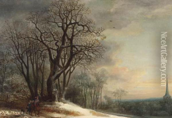 Travellers On A Snowy Path Overlooking A Valley Oil Painting - Gijsbrecht Leytens
