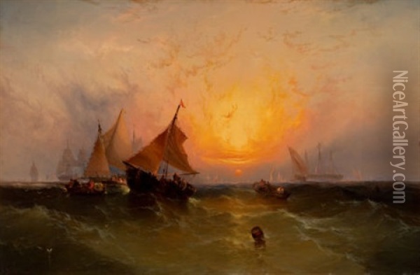 Ships At Sunset (new York Harbor Sunset) Oil Painting - Edward Moran