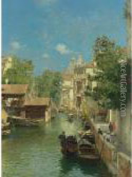 Along The Canal Oil Painting - Rubens Santoro