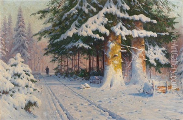 Hunter Returning Home In A Winter Woodland Oil Painting - Walter Moras