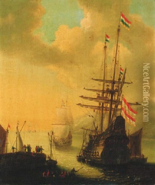 A Dutch Man-o'-war Departing A Harbour Oil Painting - Willem van de Velde III