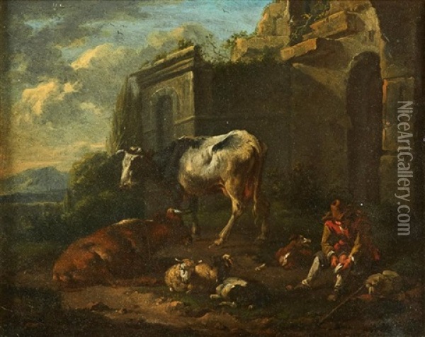 Coppia Die Paesaggi Con Rovine, Armenti E Pastori Oil Painting - Adriaen Van De Velde