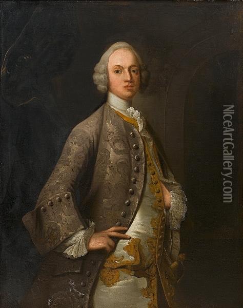 Portrait Of Gentleman, 
Three-quarter-length, In A Silver, Brocade Coat With A White And Gold 
Waistcoat Oil Painting - George Knapton