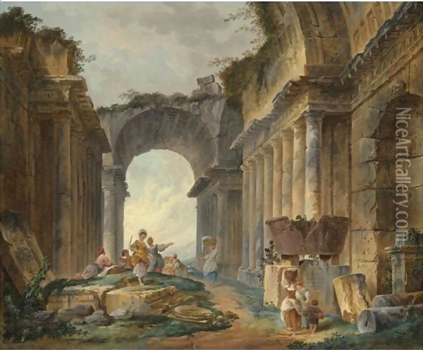 Washerwomen And Peasants Resting Amongst Ancient Ruins Oil Painting - Hubert Robert