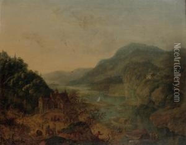 An Extensive Mountainous River Landscape With Activities Near Thewater Oil Painting - Jan Griffier I