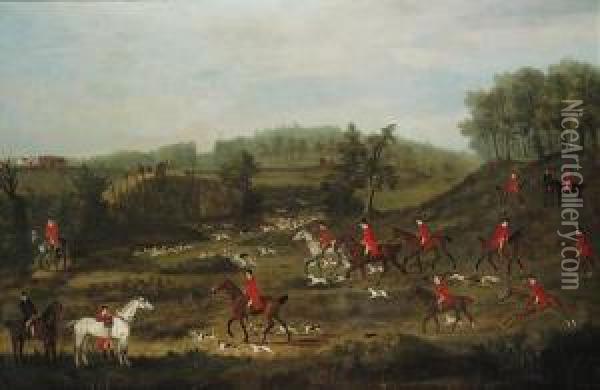 A Hunt In A Wooded Landscape, With A Fortified House And A Churchbeyond Oil Painting - J. Francis Sartorius
