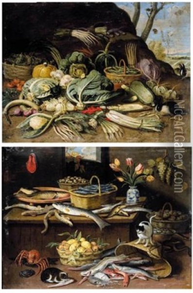 A Still Life Set In An Interior With Various Fish And Eels, A Lobster, Snails, Oysters... (+ A Still Life Set In A Landscape With Vegetables...; Pair) Oil Painting - Jan van Kessel the Elder
