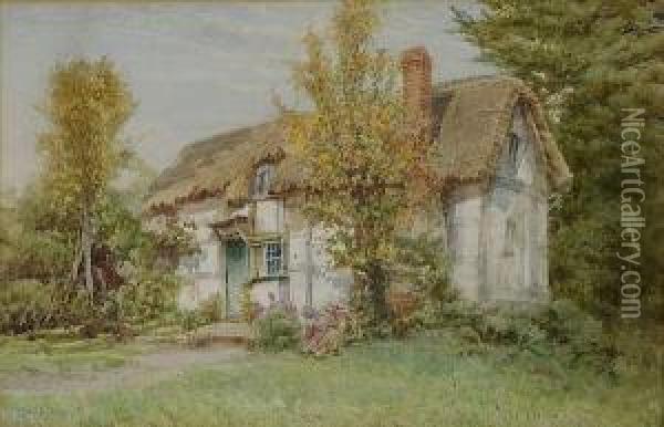 Two Figures Gardening Before A Thatched Cottage Oil Painting - James Whaite