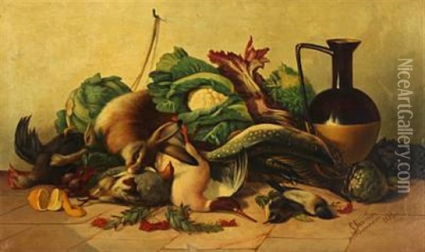 Nature Morte With Rabbit, Game Birds, Vegetables And A Jug Oil Painting - Carl Ceasar Adelbert Cramer