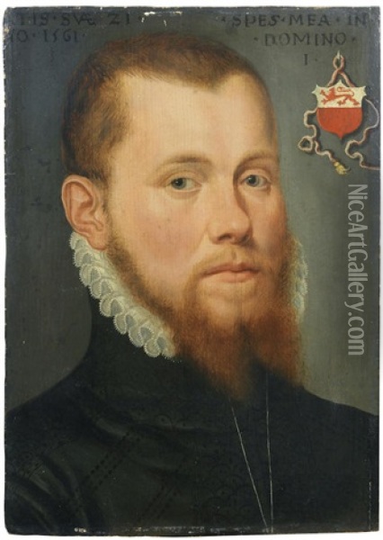 Portrait Of A Gentleman, Bust-length, In Black With A White Ruff And A Silver Chain Oil Painting - Adriaen Thomasz Key