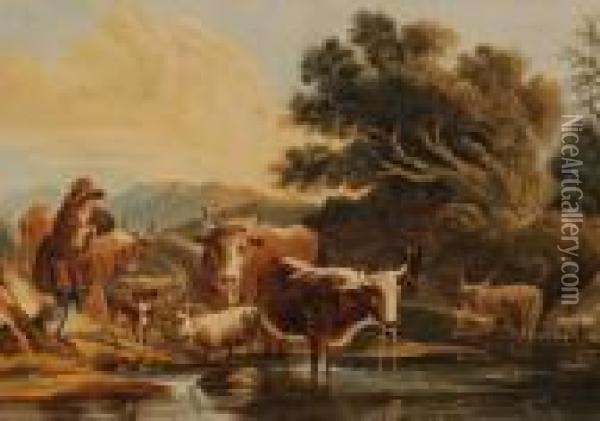 Herdsmen With Cattle Andgoats By A Stream Oil Painting - Paul Sandby