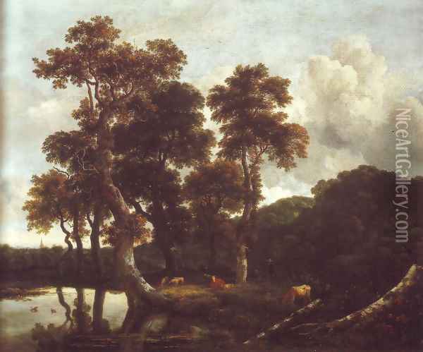 Grove of large oak trees at the edge of a pond Oil Painting - Jacob Van Ruisdael