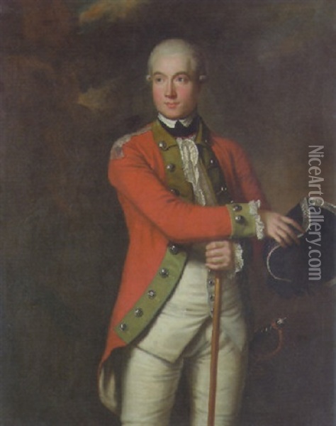 Portrait Of An Officer In Scarlet Uniform With Green Facings, Holding A Cane In His Right Hand In A Landscape Oil Painting - John Trotter