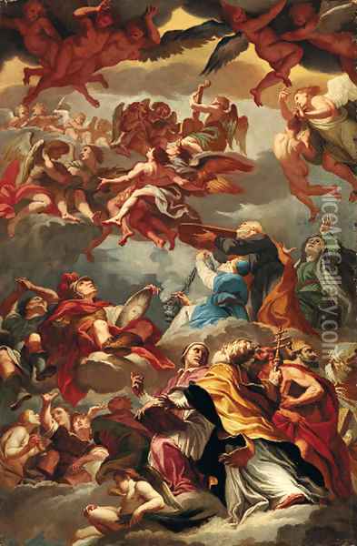 Moses and the Fathers of the Latin Church with music-making angels Oil Painting - Vito D'Anna