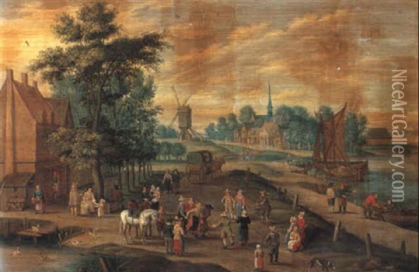 Peasants Promenading Along A Waterway By A Village Oil Painting - Karel Beschey