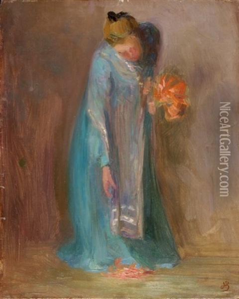Dame In Blauem Kleid Mit Feuerlilienbouquet Oil Painting - Berthold Von Haller
