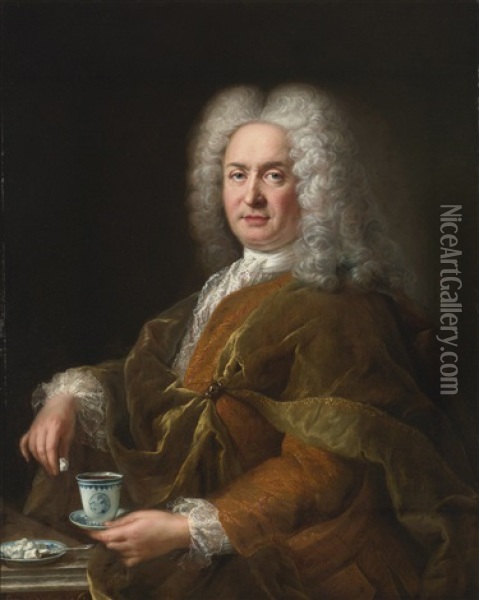 Portrait Of A Gentleman Holding A Cup Of Chocolate Oil Painting - Alexis-Simon Belle
