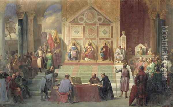 St Louis 1214-70 King of France Receiving Robert Patriarch of Jerusalem Oil Painting - Oscar Gue