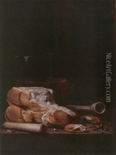Still Life With Bread, Shrimp, A Clay Pipe And Other Objects, Resting On A Table Oil Painting - Jan (Johannes) Fris