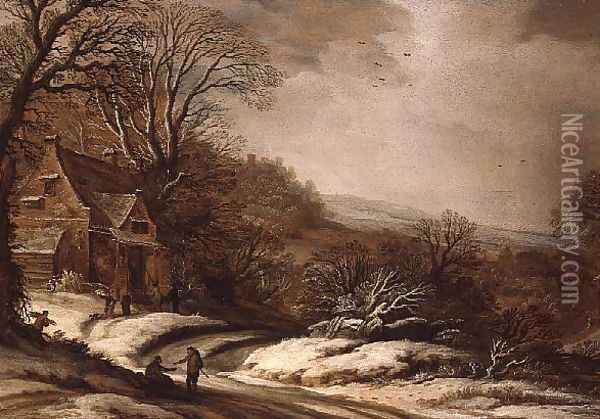Winter Landscape with Cottages, 1625 Oil Painting - Pieter van Santvoort