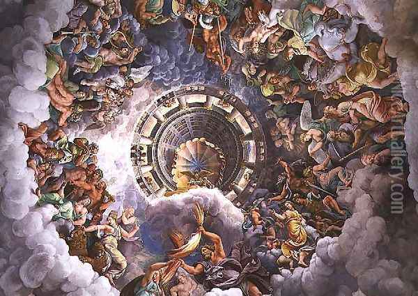 The Gods of Olympus, trompe loeil ceiling from the Sala dei Giganti, 1528 Oil Painting - Giulio Romano (Orbetto)