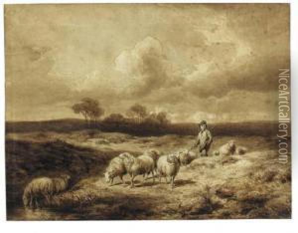 A Herdsman With Cattle In A Hazy Landscape (recto); A Study Of Cowsresting (verso) Oil Painting - Jan Bedijs Tom