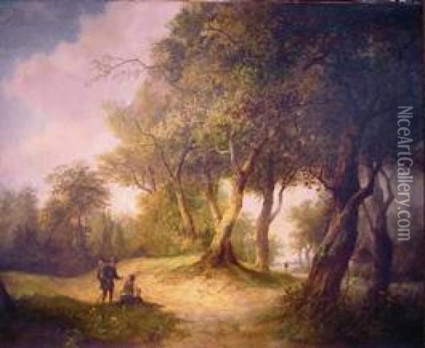 A Wooded Landscape With Figures Along A Path Oil Painting - Hendrik Pieter Koekkoek