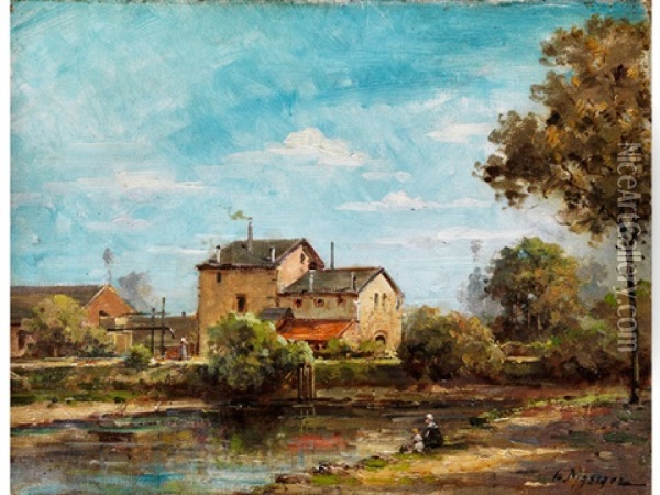 Gebaude Am Flussufer Mit Einer Mutter Und Kind Im Ufergras Sitzend Oil Painting - Gustave Mascart