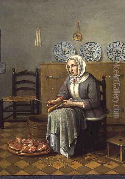 A Seated Woman preparing Food in a Kitchen Oil Painting - Franciscus Carree