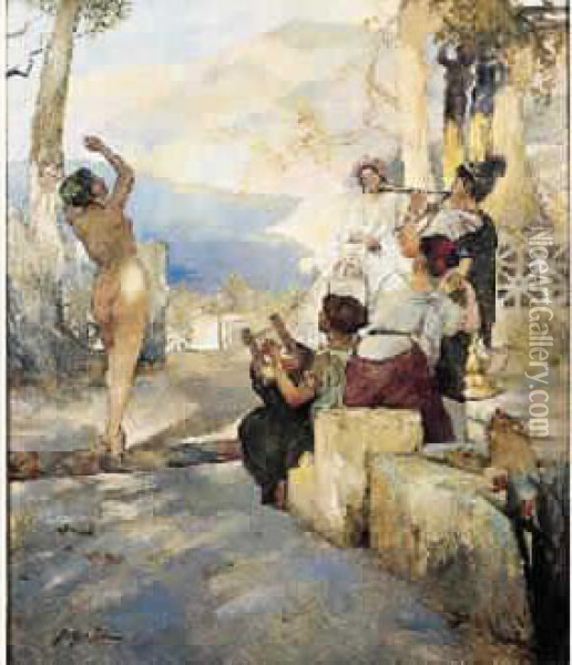 Danseuses Face A La Mer A Pompei Oil Painting - Emile Pierre Metzmacher