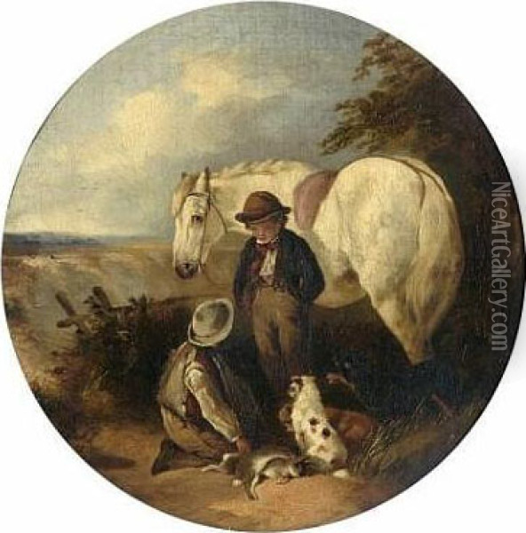 Two Boys With Pony, Dogs And Game, And Another Similar Oil Painting - Thomas Smythe