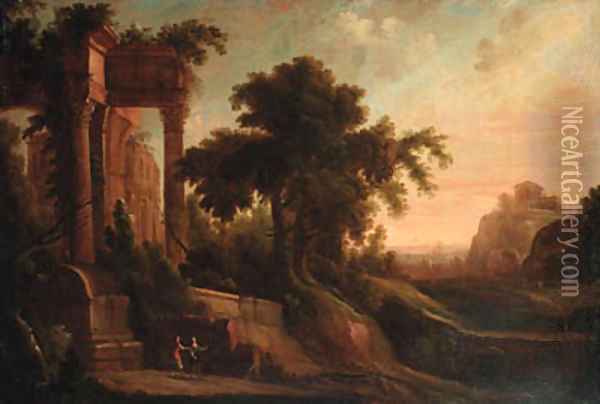 An Italianate landscape with figures by a ruined classical temple Oil Painting - Jacques d' Arthois