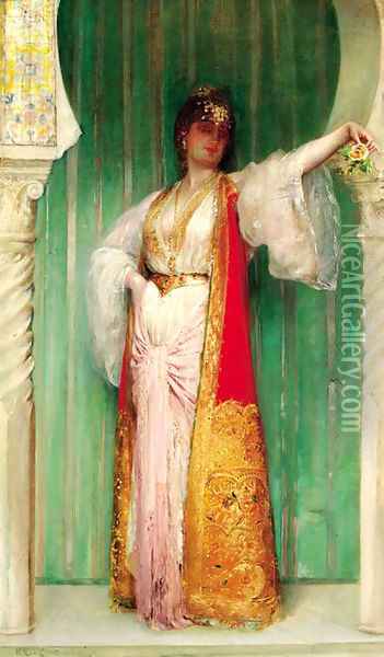 An Oriental beauty, standing in an alcove Oil Painting - Edouard Frederic Wilhelm Richter