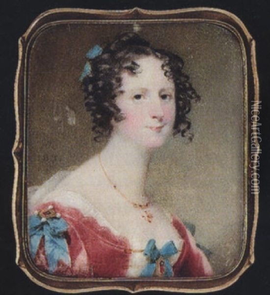 A Lady Wearing Dark Pink Dress With Blue Ribbon Bows And Jewels At Her Shoulders And Corsage, Pendant Necklace And Blue Ribbon In Her Hair Oil Painting - Andrew Robertson