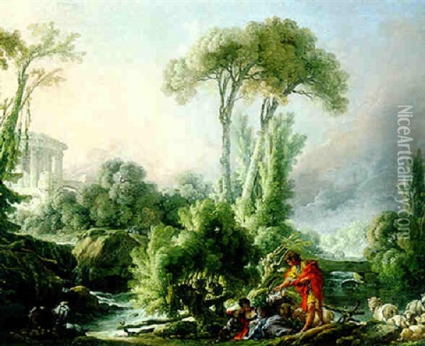 Landscape With Peasants Resting And Playing In A Stream And Medieval Ruins Oil Painting - Francois Boucher the Younger