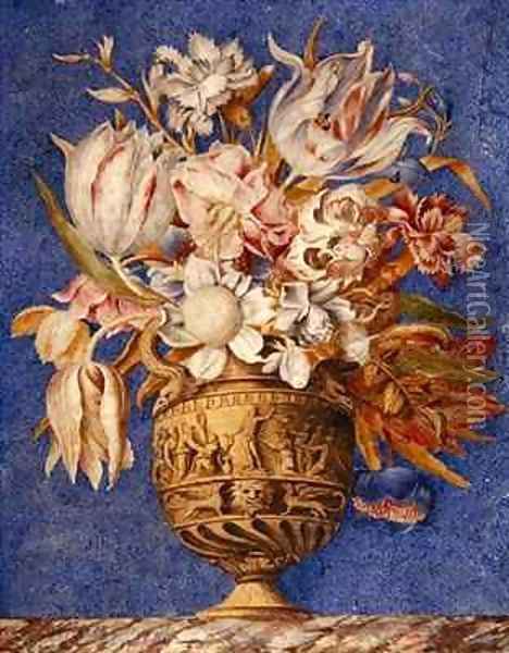 Flowers in a vase which stands on a marble ledge Oil Painting - Giovanna Garzoni