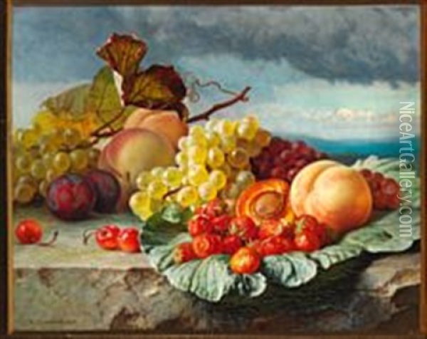 Still Life With Peaches, Plums, Cherries, Strawberries And Grapes On A Sill Oil Painting - Theude Groenland