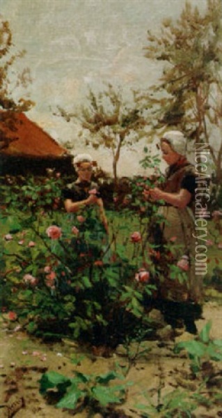 Zeeland Girls In A Rose Garden Oil Painting - Henricus Mattheus Horrix