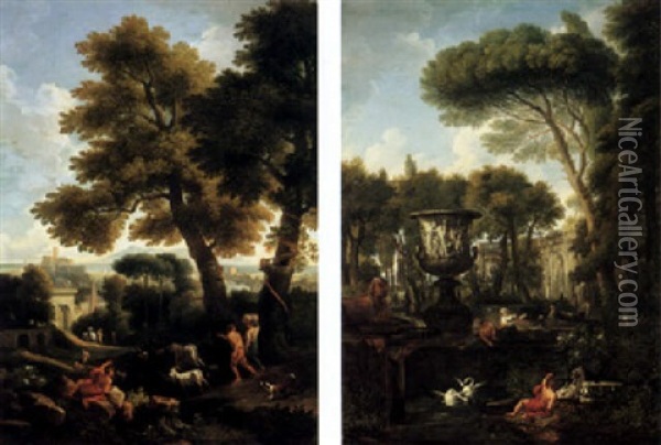 An Italianate Landscape With Herdsmen Driving Cattle And Other Figures Oil Painting - Jan Frans van Bloemen