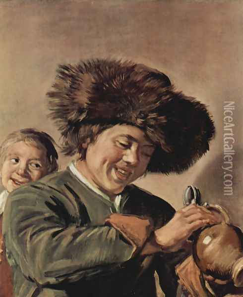 Two smiling young men, with a beer mug Oil Painting - Frans Hals